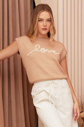 Mittoshop Contrast Letter Round Neck Cap Sleeve Knit Top Tan OutfitFlow