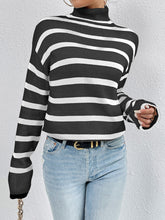 Striped Turtleneck Long Sleeve Sweater Black OutfitFlow