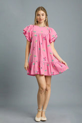 Umgee Floral Embroidered Short Sleeve Mini Dress Pink OutfitFlow
