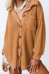 Waffle-Knit Collared Neck Long Sleeve Shirt Caramel OutfitFlow
