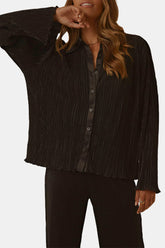 Textured Button Up Collared Neck Top and Pants Set Black OutfitFlow