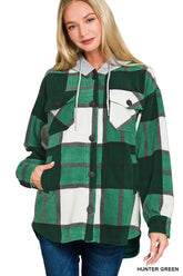 Zenana Plaid Drawstring Hooded Fleece Shacket HUNTER GREEN OutfitFlow