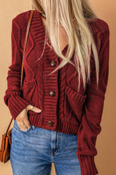 Cable-Knit Button Down V-Neck Cardigan Burgundy OutfitFlow