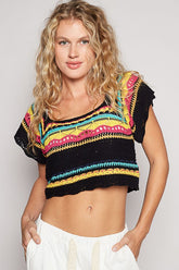 POL Openwork Ethnic Pattern Square Neck Cropped Knit Top Black OutfitFlow