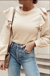 Ruffled Round Neck Long Sleeve Blouse Cream OutfitFlow