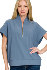 Zenana Ribbed High Neck Half Zip Top DUSTY BLUE OutfitFlow
