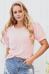 Stripe Textured Puff Sleeve Crewneck Top Blush Pink OutfitFlow