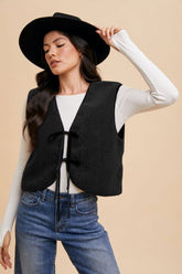 Annie Wear V-Neck Tie Detail Vest Coat Black OutfitFlow