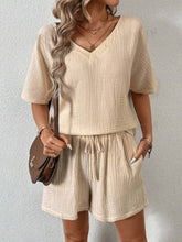 V-Neck Half Sleeve Top and Shorts Set Tan OutfitFlow