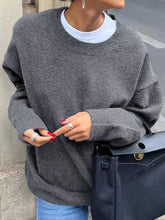 Ribbed Round Neck Dropped Shoulder Sweater Gray OutfitFlow