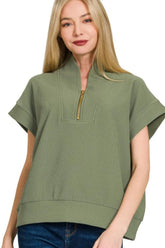 Zenana Ribbed High Neck Half Zip Top LT OLIVE OutfitFlow