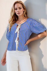 Stripe Tied Front Puff Short Sleeve Top Blue OutfitFlow