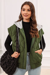 Drawstring Zip Up Hooded Vest Coat Moss OutfitFlow