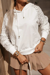 Drawstring Openwork Long Sleeve Hoodie White OutfitFlow
