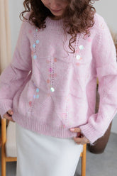 Sequin Round Neck Long Sleeve Sweater Blush Pink One Size OutfitFlow