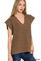 Zenana Ribbed Slit V-Neck Sweater Vest BROWN OutfitFlow