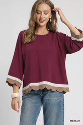Umgee Scalloped Hem Color Block Top MERLOT OutfitFlow
