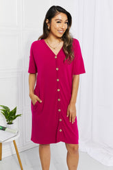 BOMBOM Sunday Brunch Button Down Knee-Length Dress in Magenta Deep Purple OutfitFlow