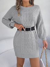 Cable-Knit Round Neck Sweater Dress Light Gray OutfitFlow