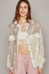 POL Eyelet Button Up Shirt Lilac Multi OutfitFlow