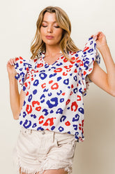 BiBi Leopard Notched Ruffled Cap Sleeve Blouse OFFWHT RED NAVY OutfitFlow