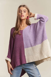 ADORA Side Slit Color Block Long Sleeve Sweater Deep Purple OutfitFlow