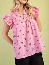 Notched Ruffled Cap Sleeve Blouse Pink OutfitFlow