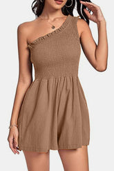 Smocked Single Shoulder Romper Caramel OutfitFlow