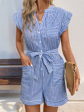 Perfee Striped Notched Tie Waist Romper Light Blue OutfitFlow