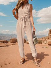 Perfee Tied Surplice Sleeveless Jumpsuit Tan OutfitFlow