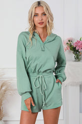 Drawstring Waist Hooded Romper with Pockets Gum Leaf OutfitFlow