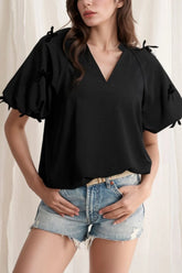 Bow Decor Puff Sleeve Blouse Black OutfitFlow