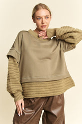 Davi & Dani Faux Layered Round Neck Sweater Olive OutfitFlow