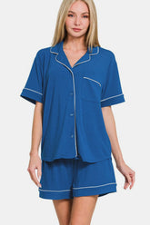 Zenana Button Down Short Sleeve Top and Shorts Lounge Set Classic Blue OutfitFlow