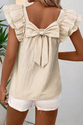 Bow Back Ruffled Cap Sleeve Blouse Beige OutfitFlow