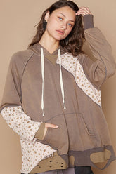 POL Floral Patchwork Distressed Drawstring Hoodie Mocha OutfitFlow