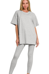 Zenana Cotton Round Neck Top & Legging Set H GREY OutfitFlow