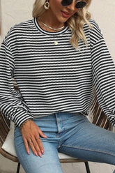 Striped Round Neck Long Sleeve Top Black OutfitFlow