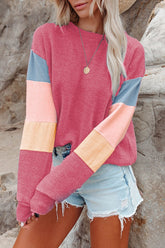 Color Block Round Neck Long Sleeve Sweatshirt Dusty Pink OutfitFlow