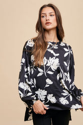 Annie Wear Frill Printed Balloon Sleeve Blouse Black OutfitFlow