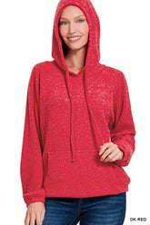 Zenana Brushed Hacci Melange Hooded Sweater DK RED OutfitFlow