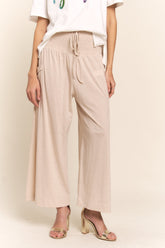 J.NNA Smocked Waist Boho Wide Leg Pants with Pockets Light Beige OutfitFlow