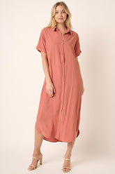 Mittoshop Collared Neck Dolman Short Sleeve Midi Shirt Dress Clay OutfitFlow