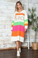 Color Block V-Neck Long Sleeve Sweater Dress Beige OutfitFlow
