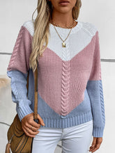 Color Block Round Neck Long Sleeve Sweater Blush Pink OutfitFlow