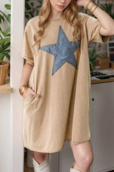 Mineral Wash Stud Beaded Star Pocketed T Shirt Dress Khaki OutfitFlow