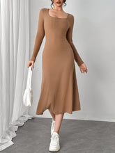 Square Neck Long Sleeve Midi Wrap Dress Camel OutfitFlow