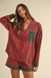 Annie Wear Contrast Plaid Long Sleeve Top and Shorts Set Red OutfitFlow