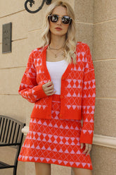 Geometric Dropped Shoulder Cardigan and Knit Skirt Set Orange OutfitFlow
