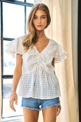 Davi & Dani Shirring V-Neck Ruffle Gingham Plaid Printed Top White OutfitFlow
